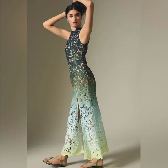 Anthropologie Eliatt Green/Blue Ombre One-Shoulder Sheer Lace Side-Slit Dress - Picture 7 of 10